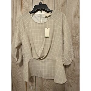 Melloday XL Beige to Light Brown Striped Round Neck Peplum Blouse Women's Top